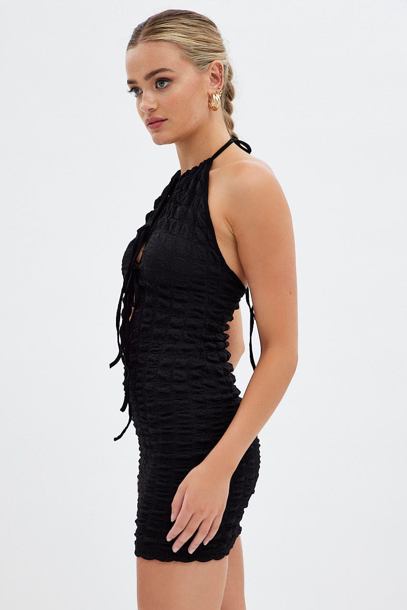 Black Textured Mini Dress Backless for Ally Fashion