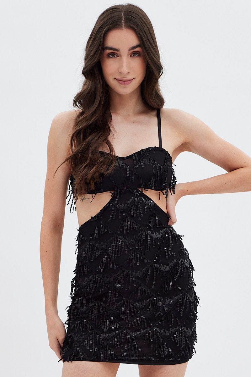Black Cutout Sequin Dress Tassels for Ally Fashion