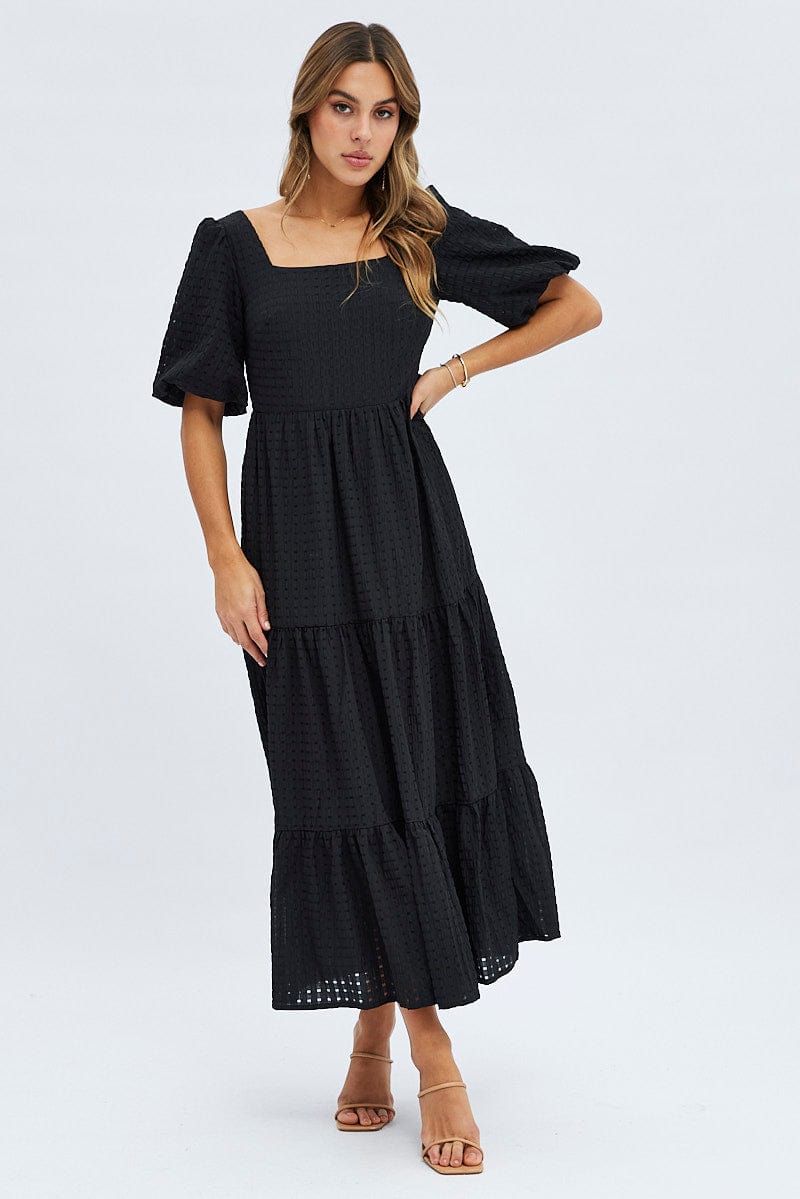 Black Maxi Dress Short Sleeve Tie Back Tiered | Ally Fashion