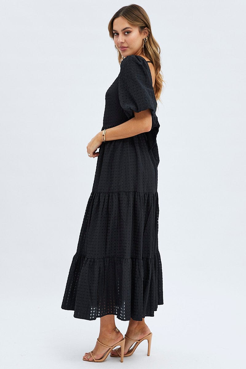 Black Maxi Dress Short Sleeve Tie Back Tiered for Ally Fashion