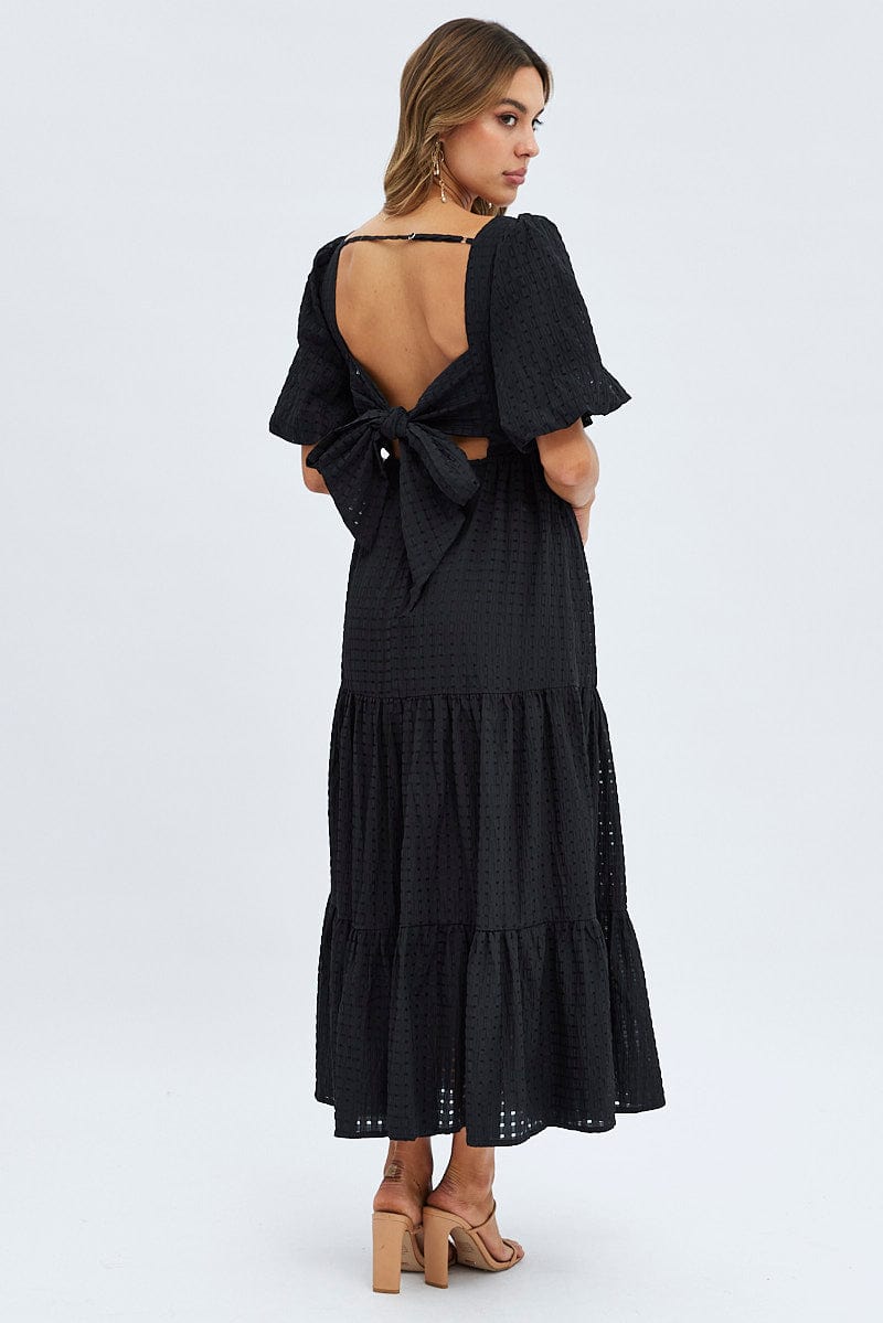 Black Maxi Dress Short Sleeve Tie Back Tiered for Ally Fashion