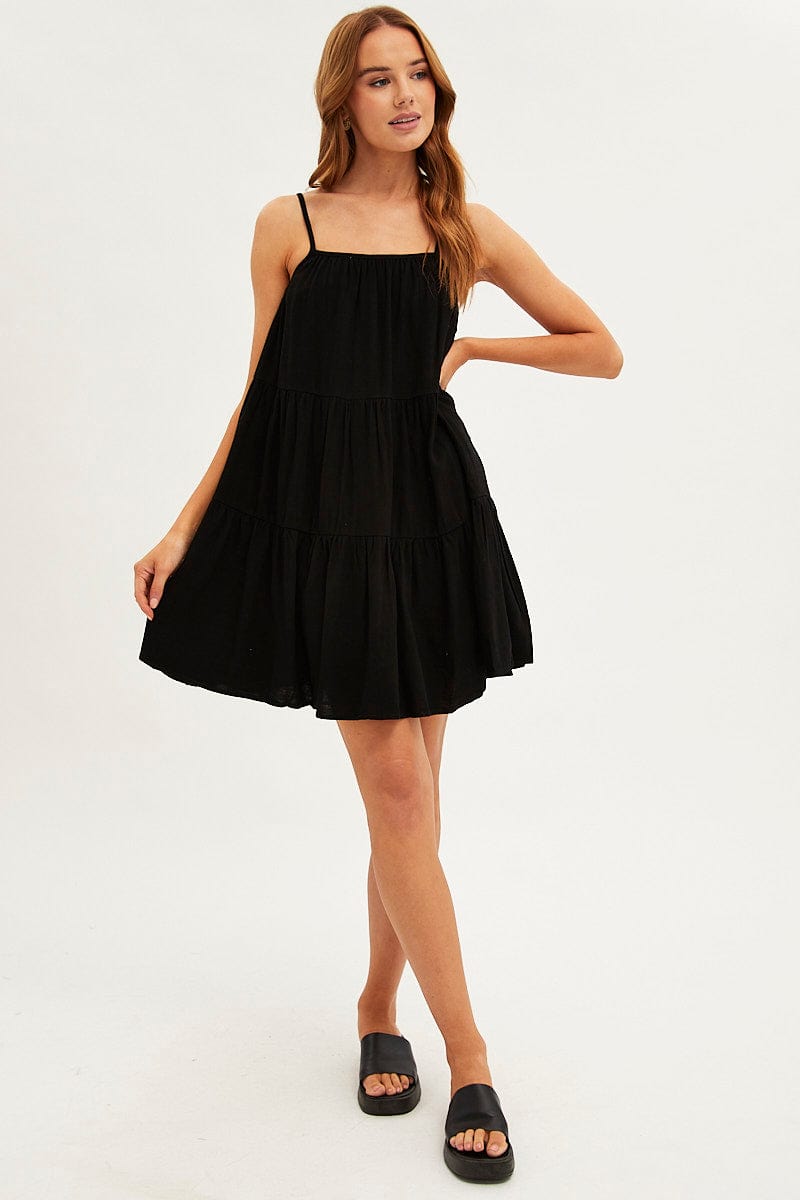 Black Swing Dress Sleeveless Tiered Pocket for Ally Fashion