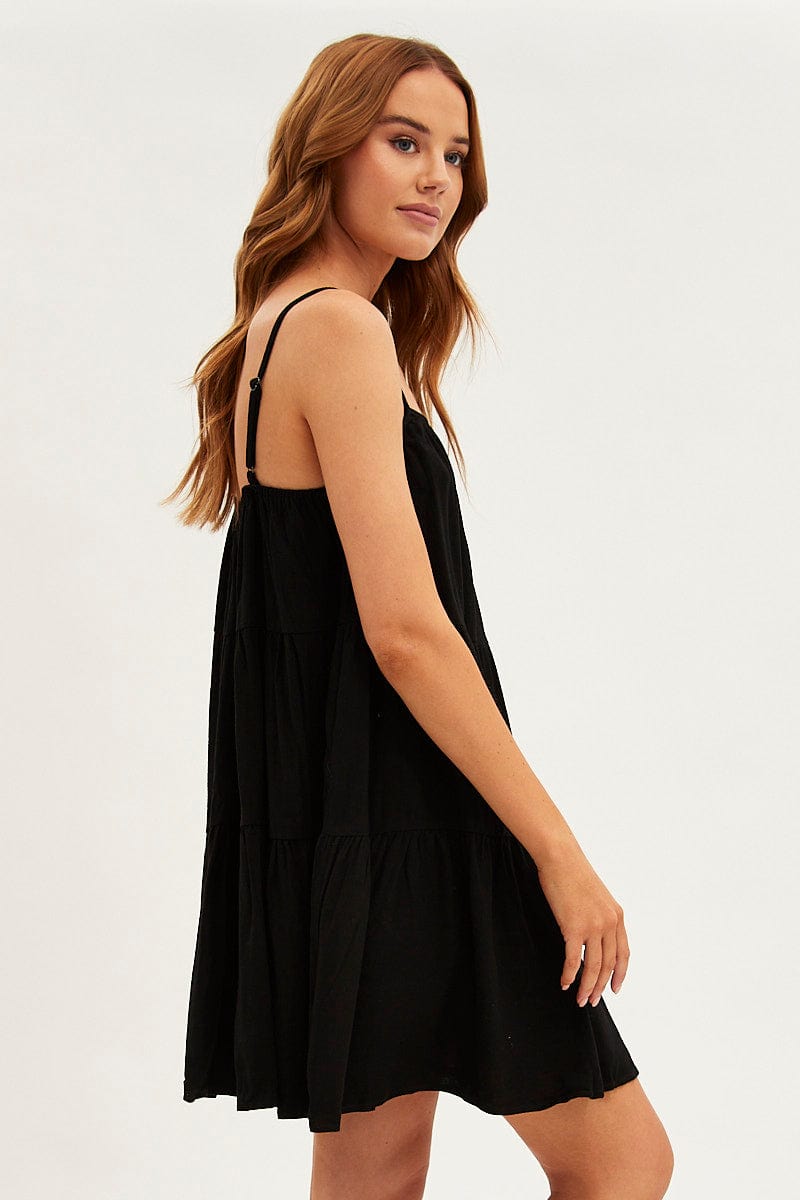 Black Swing Dress Sleeveless Tiered Pocket for Ally Fashion