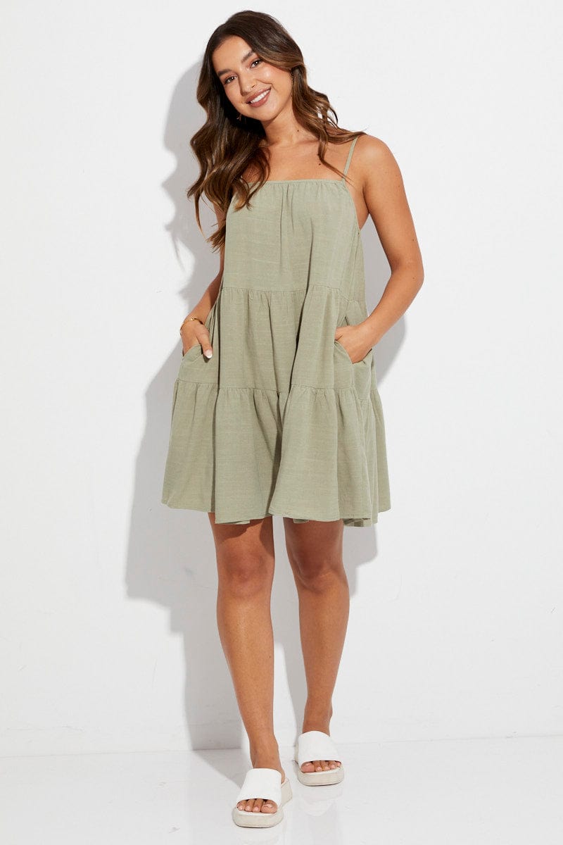 Green Swing Dress Sleeveless Tiered Linen Blend for Ally Fashion