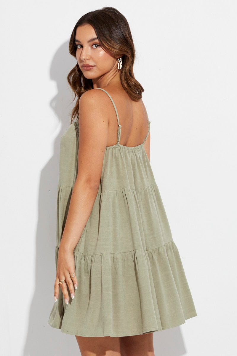 Green Swing Dress Sleeveless Tiered Linen Blend for Ally Fashion