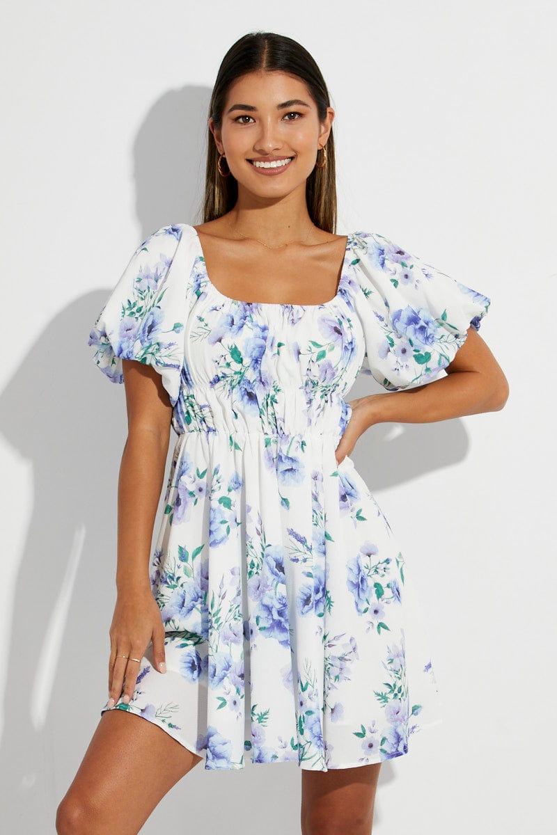 White Floral Fit And Flare Short Sleeve Off Shoulder for Ally Fashion