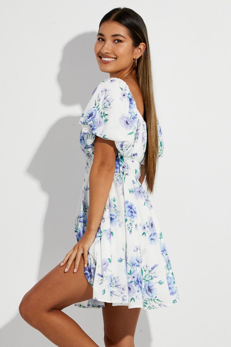 White Floral Fit And Flare Short Sleeve Off Shoulder for Ally Fashion