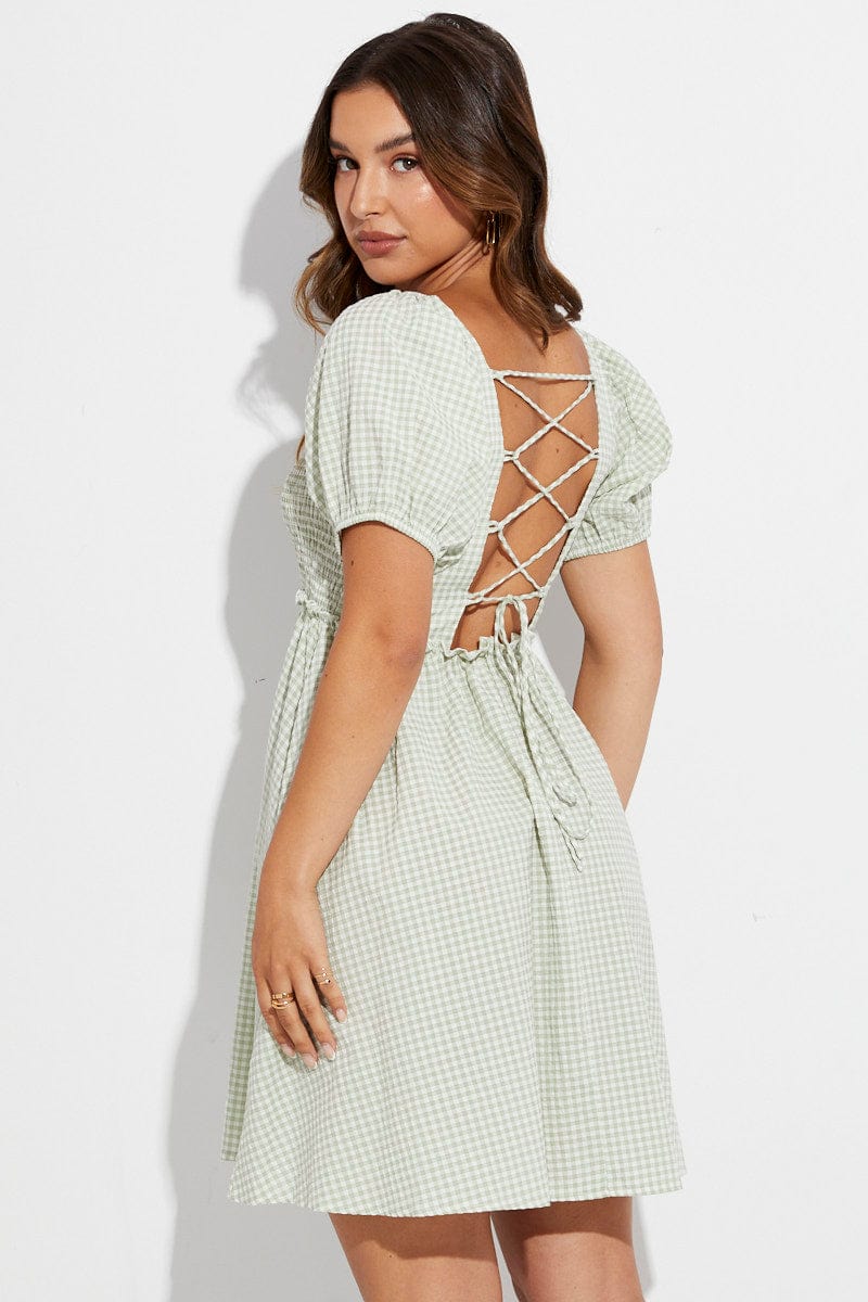 Green Check Fit And Flare Dress Short Sleeve Back Lace Up for Ally Fashion