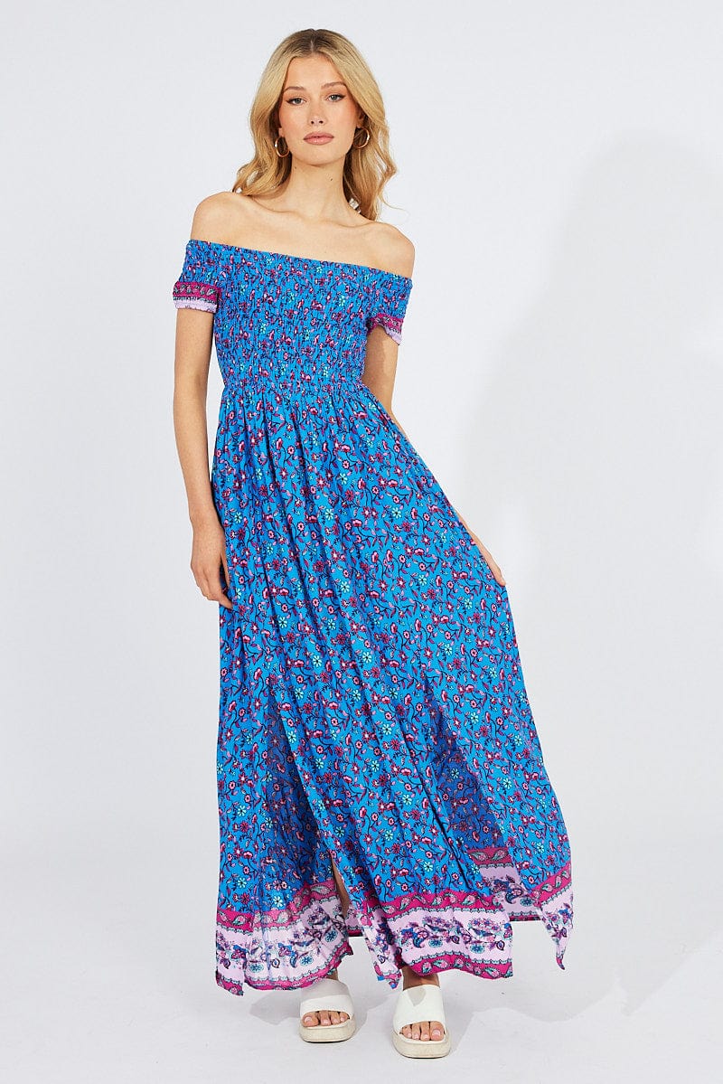 Blue Boho Maxi Dress Off Shoulder for Ally Fashion