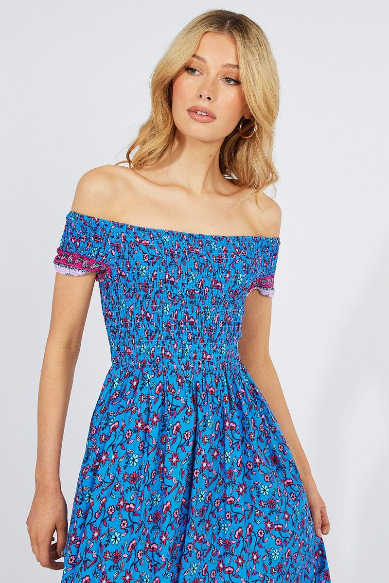 Blue Boho Maxi Dress Off Shoulder for Ally Fashion