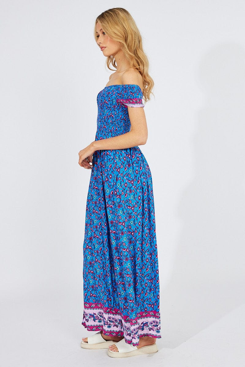 Blue Boho Maxi Dress Off Shoulder for Ally Fashion