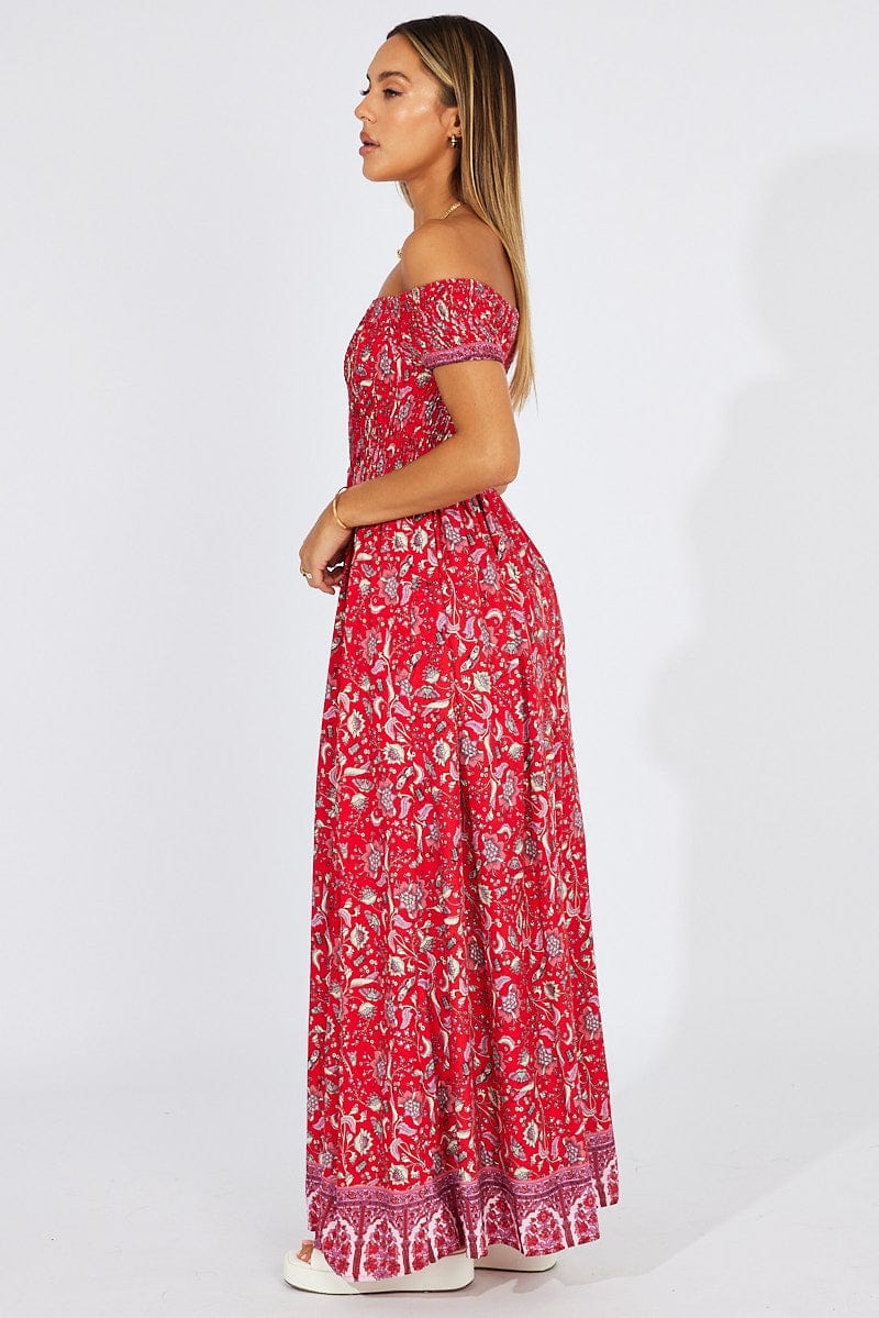 Red Boho Maxi Dress Off Shoulder Ally Fashion - Main Image