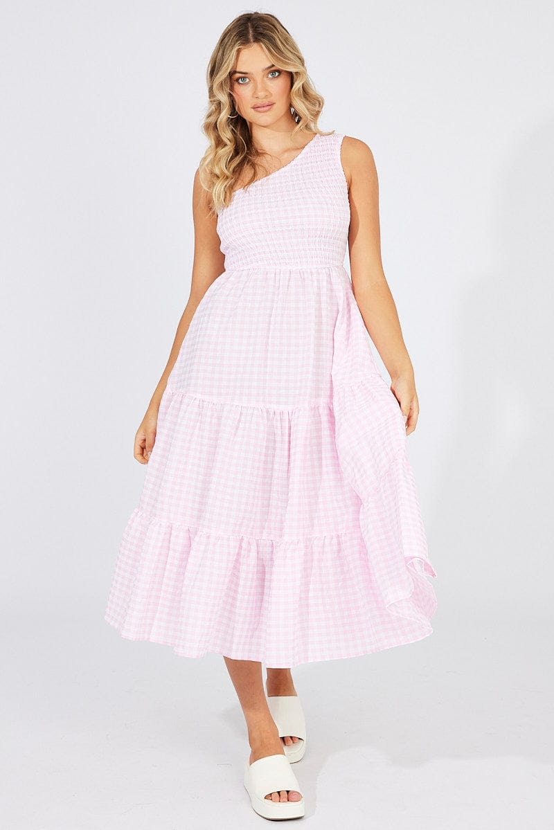 Pink Check Midi Dress One Shoulder for Ally Fashion