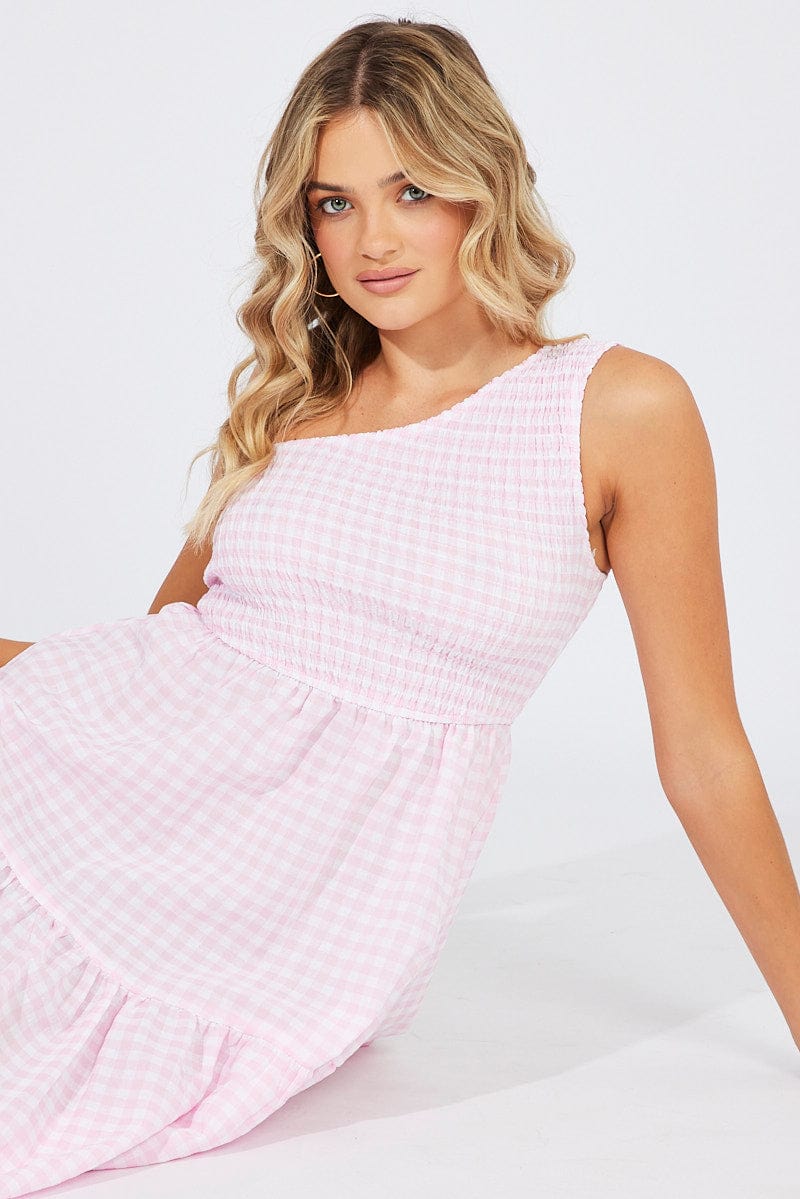 Pink Check Midi Dress One Shoulder for Ally Fashion