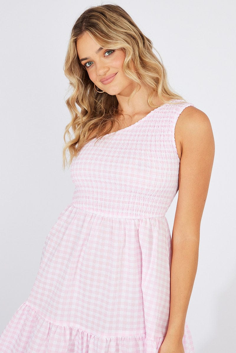 Pink Check Midi Dress One Shoulder for Ally Fashion