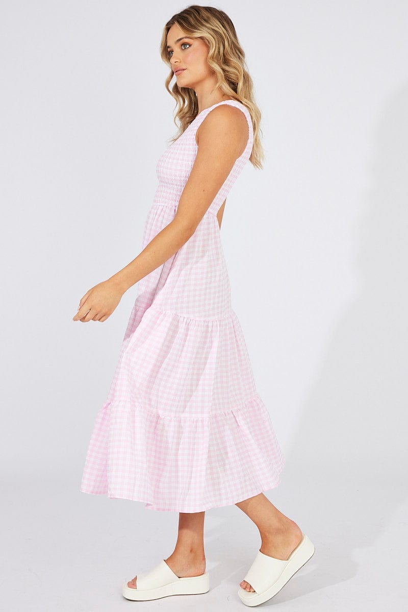 Pink Check Midi Dress One Shoulder for Ally Fashion