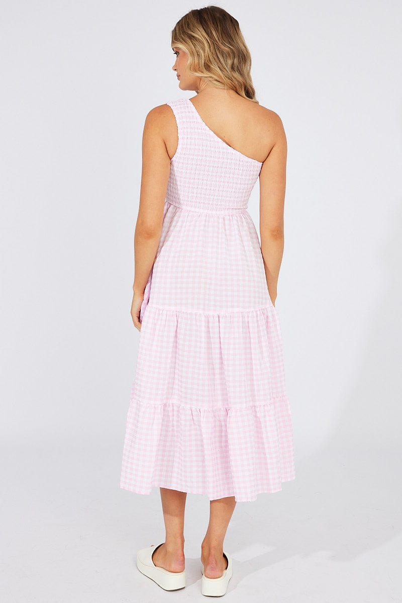 Pink Check Midi Dress One Shoulder for Ally Fashion