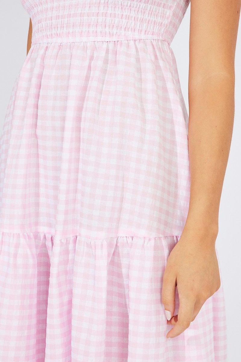 Pink Check Midi Dress One Shoulder for Ally Fashion