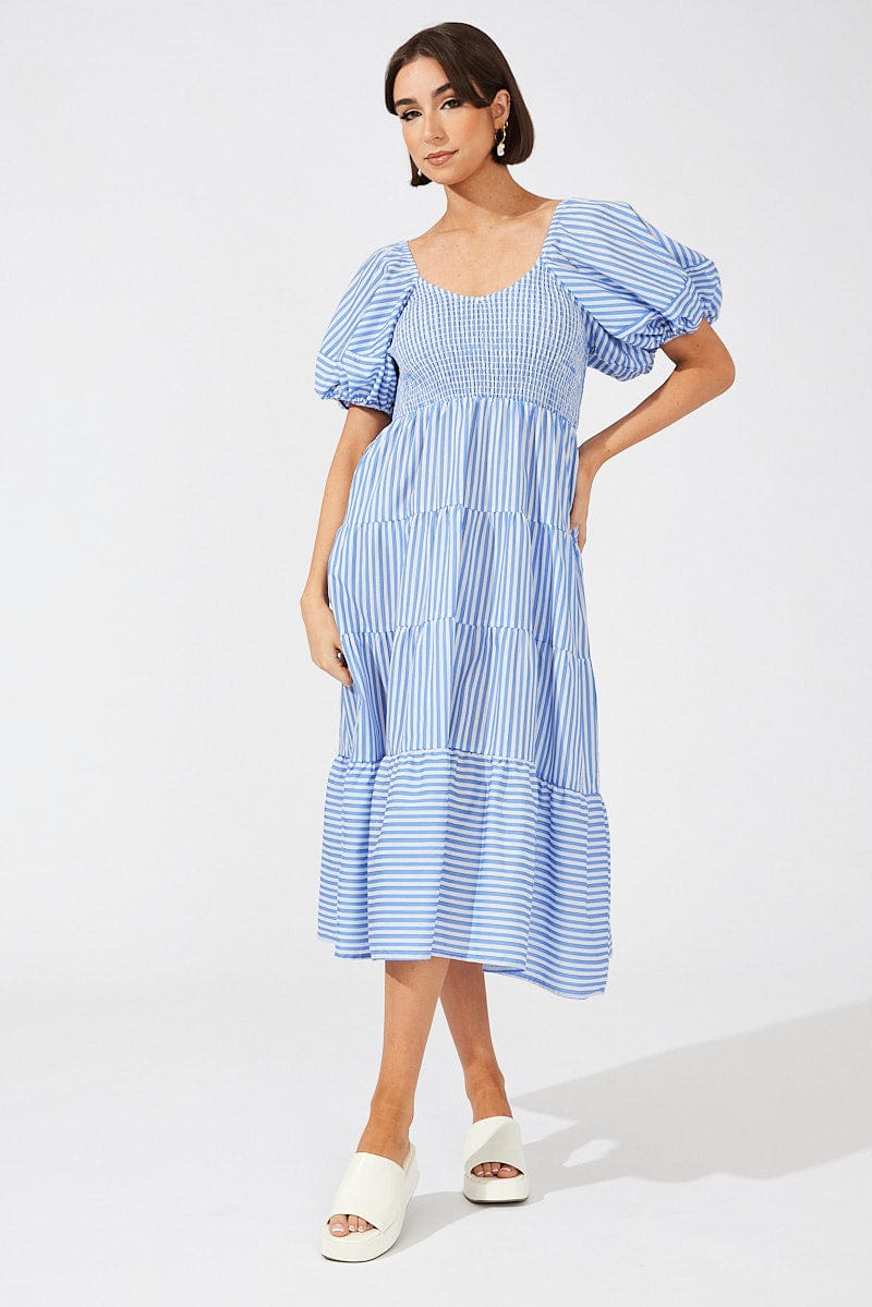 Blue Stripe Midi Dress Short Sleeve Shirred | Ally Fashion