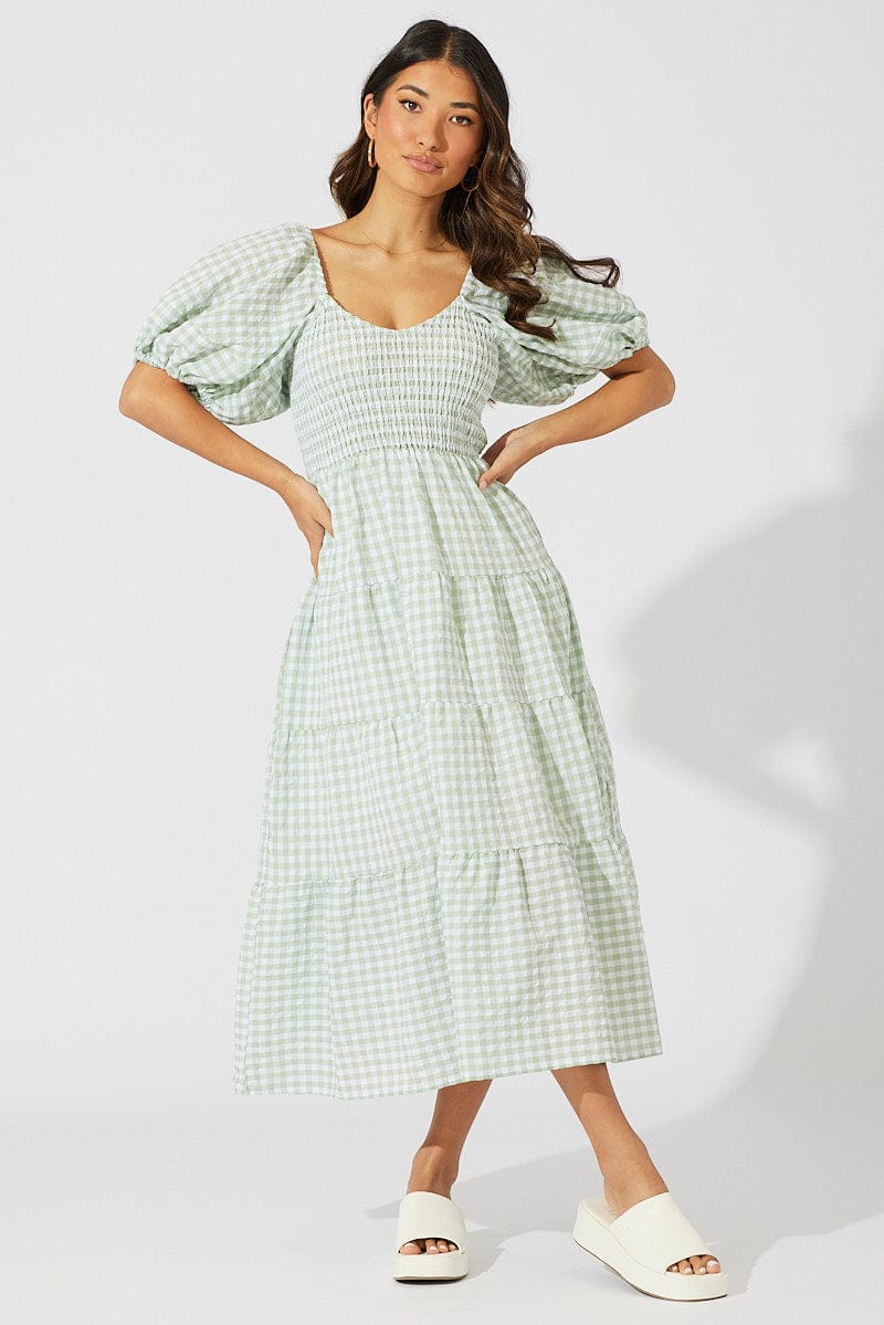 Green Check Midi Dress Short Sleeve Shirred for Ally Fashion