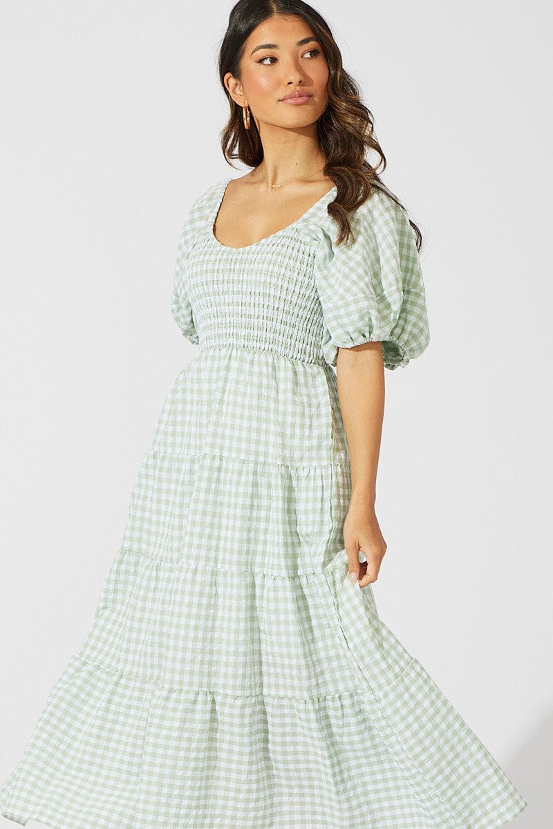 Green Check Midi Dress Short Sleeve Shirred for Ally Fashion