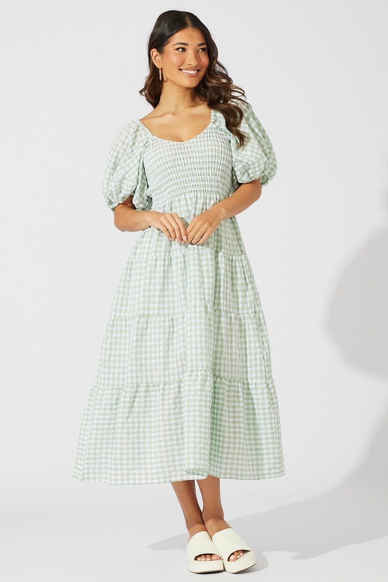 Green Check Midi Dress Short Sleeve Shirred for Ally Fashion