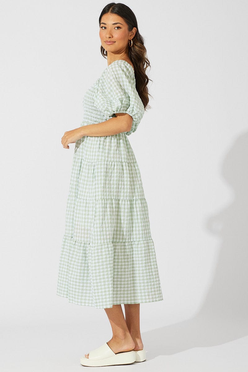 Green Check Midi Dress Short Sleeve Shirred for Ally Fashion