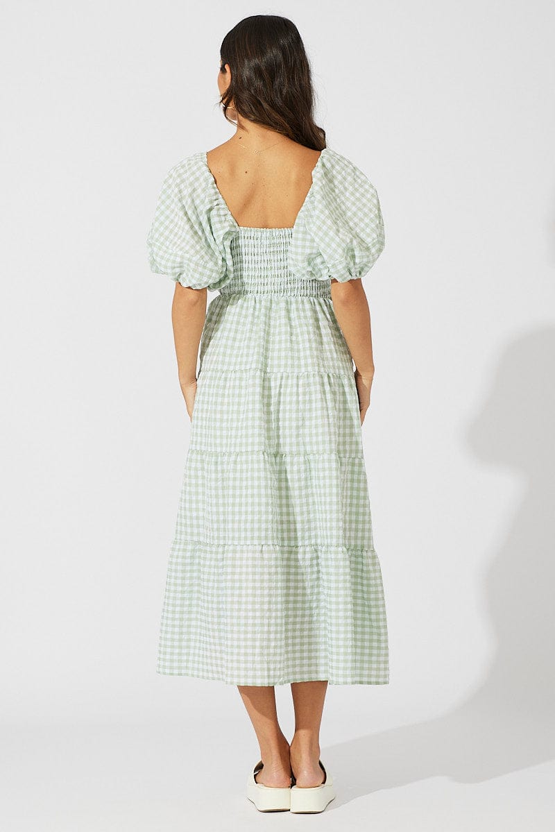 Green Check Midi Dress Short Sleeve Shirred for Ally Fashion