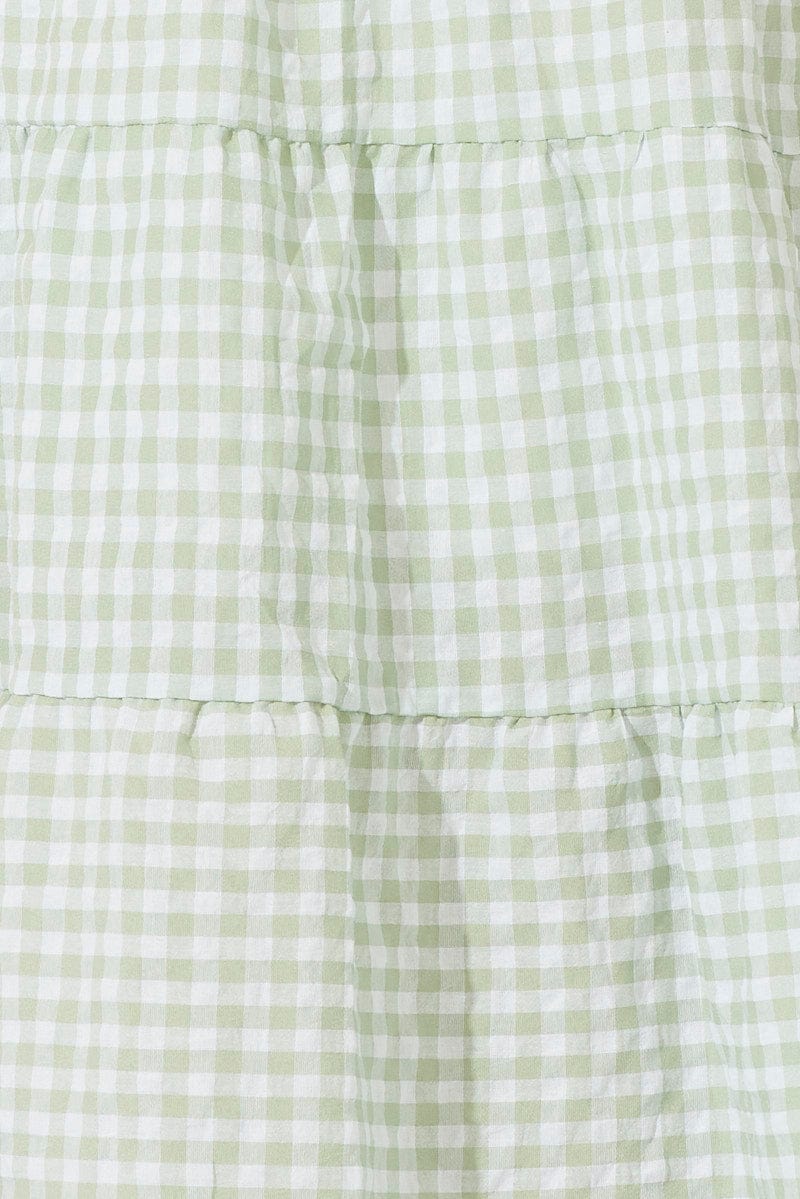 Green Check Midi Dress Short Sleeve Shirred for Ally Fashion