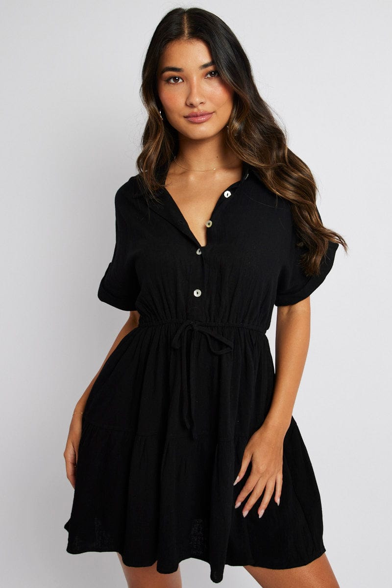 Black Shirt Dress Short Sleeve | Ally Fashion