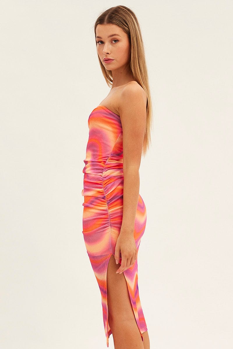 Pink Abstract Midi Dress Boob Tube Side Split for Ally Fashion