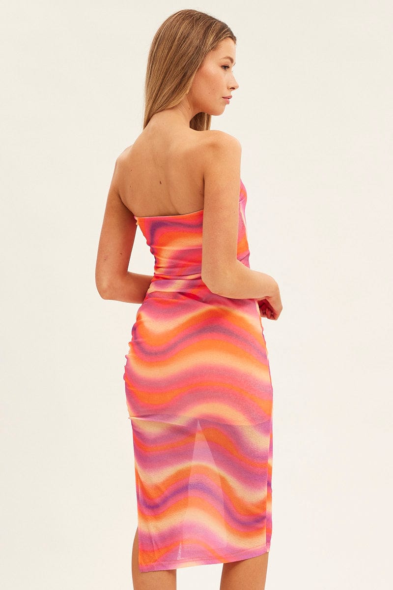 Pink Abstract Midi Dress Boob Tube Side Split for Ally Fashion