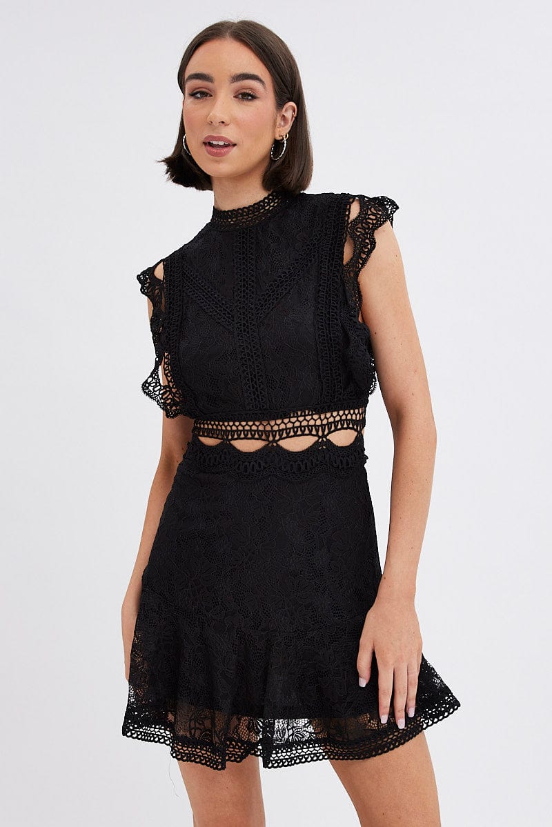 Black Dress Sleeveless Mini High Neck Lace for Ally Fashion