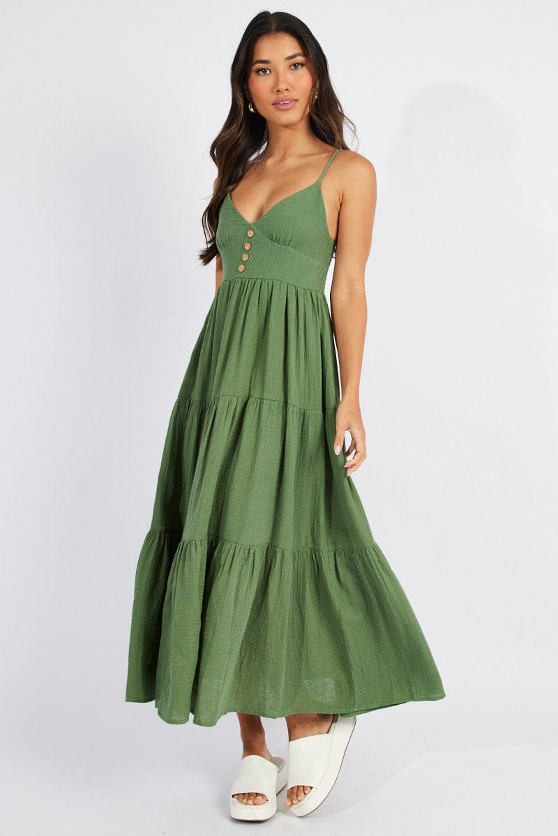 Green Midi Dress Sleeveless V-Neck | Ally Fashion