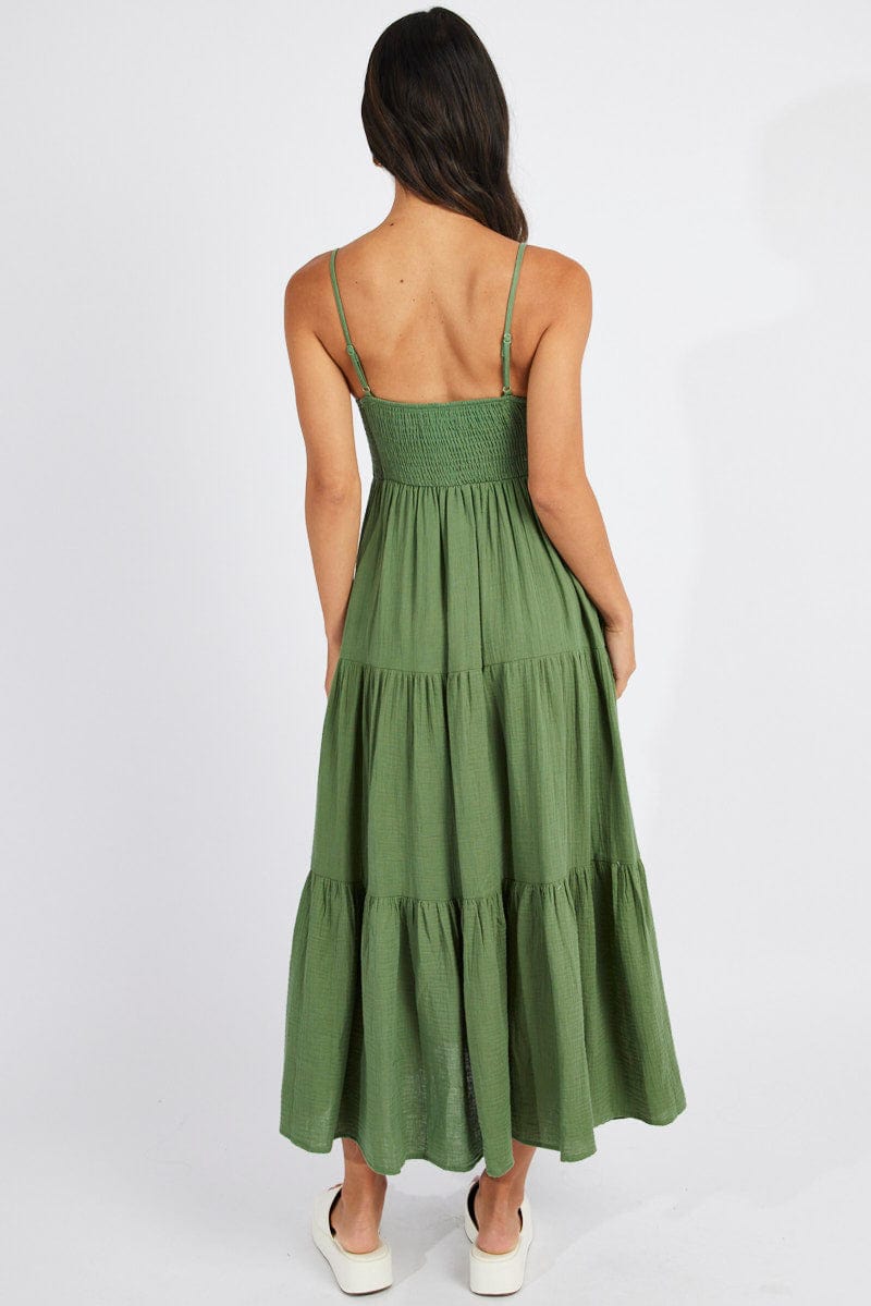 Green Midi Dress Sleeveless V-Neck for Ally Fashion