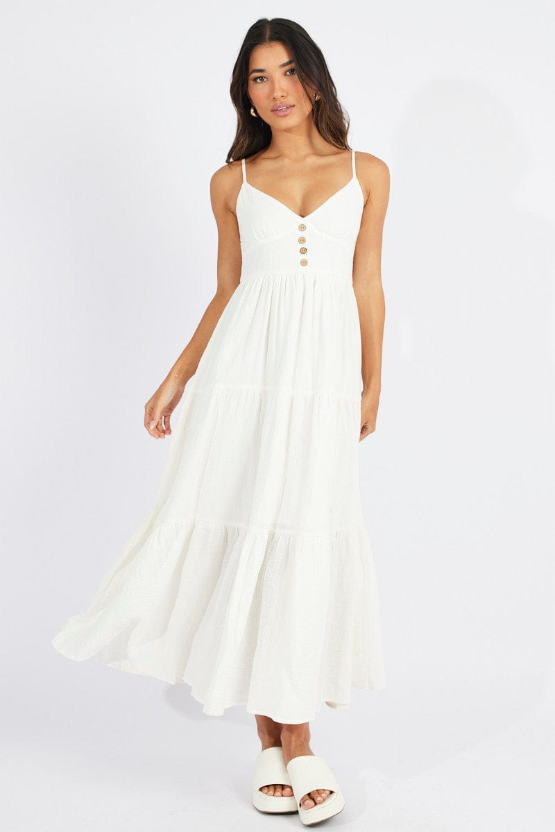 White Midi Dress Sleeveless V-Neck for Ally Fashion