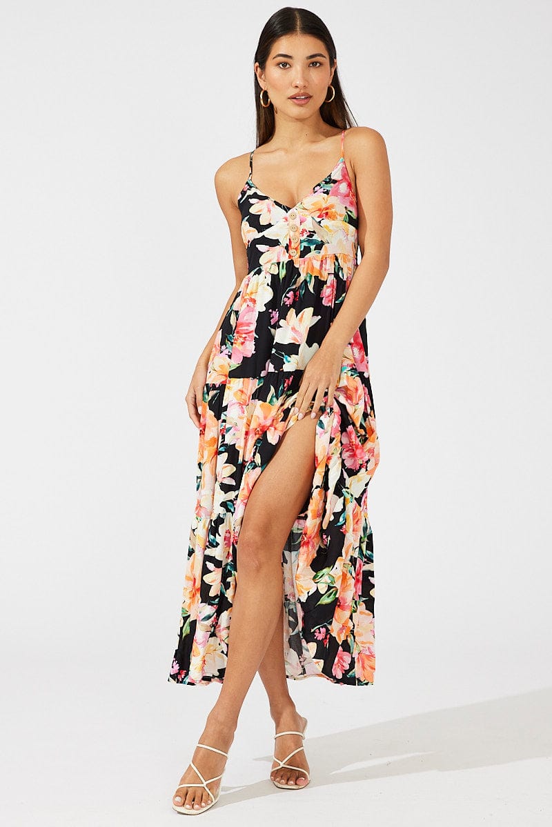 Black Floral Maxi Dress Sleeveless V-Neck for Ally Fashion