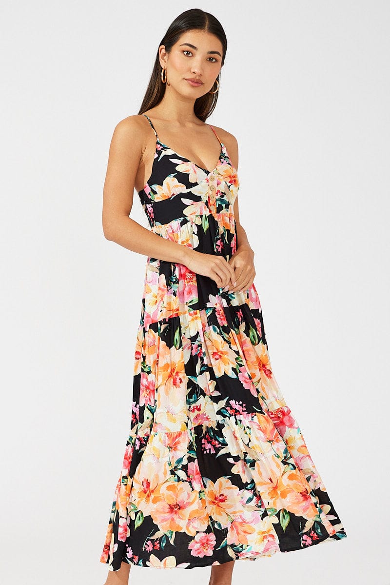 Black Floral Maxi Dress Sleeveless V-Neck for Ally Fashion