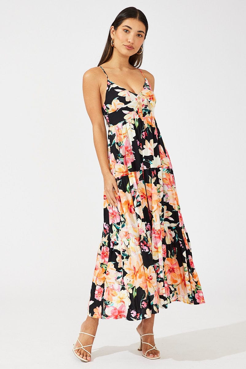 Black Floral Maxi Dress Sleeveless V-Neck for Ally Fashion