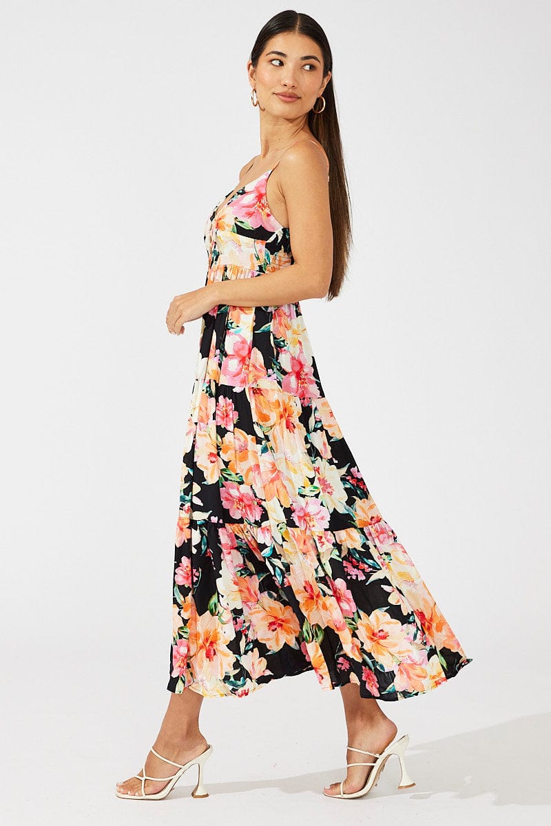 Black Floral Maxi Dress Sleeveless V-Neck for Ally Fashion