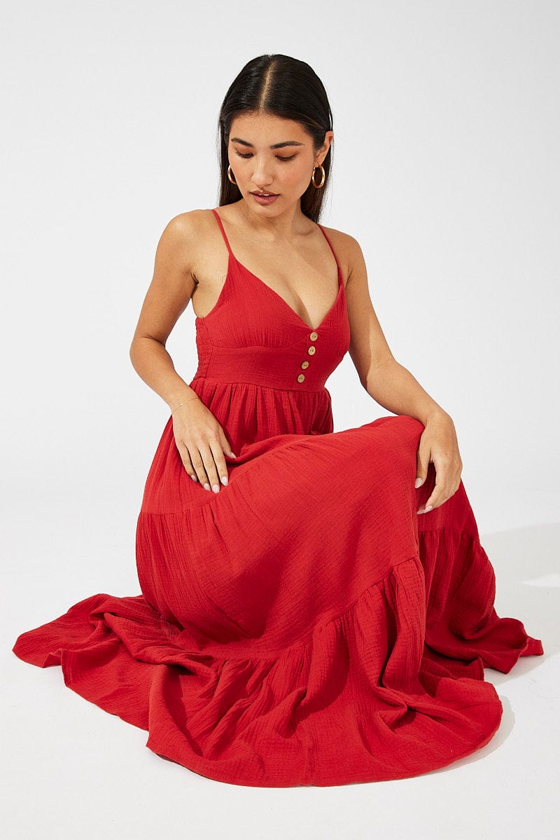 Red Maxi Dress Sleeveless V-Neck for Ally Fashion