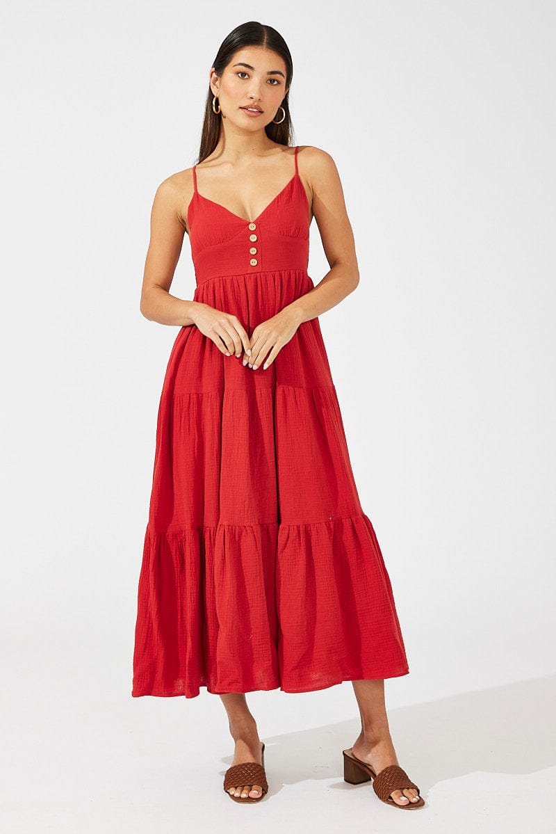 Red Maxi Dress Sleeveless V-Neck for Ally Fashion