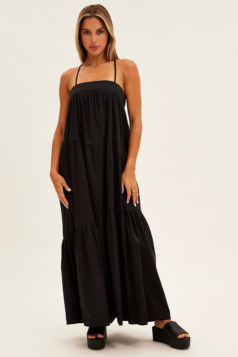 Black Midi Dress Sleeveless Square Neck Poplin for Ally Fashion