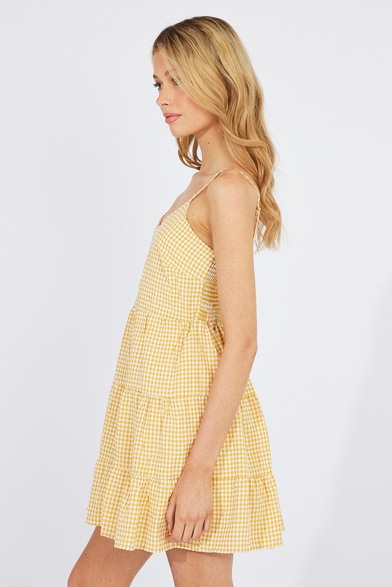 Beige Check Fit and Flare Dress Sleeveless Tiered for Ally Fashion