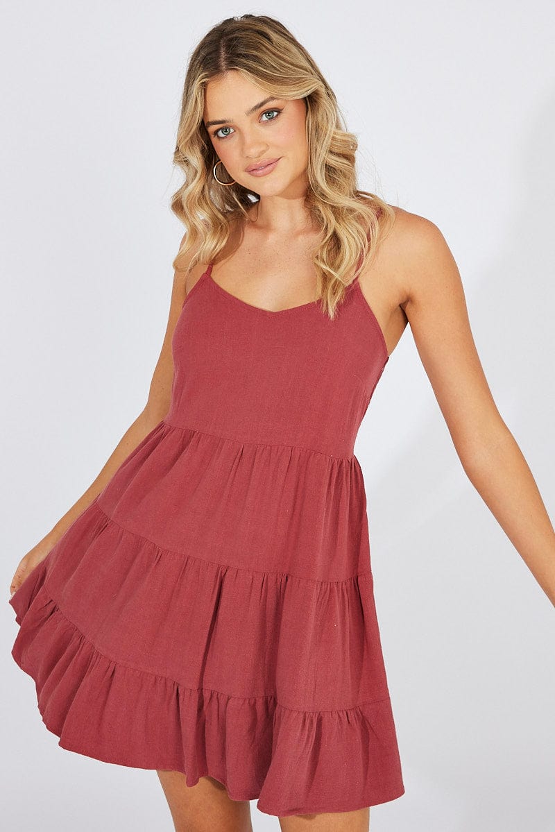 Brown Fit and Flare Dress Sleeveless Tiered for Ally Fashion