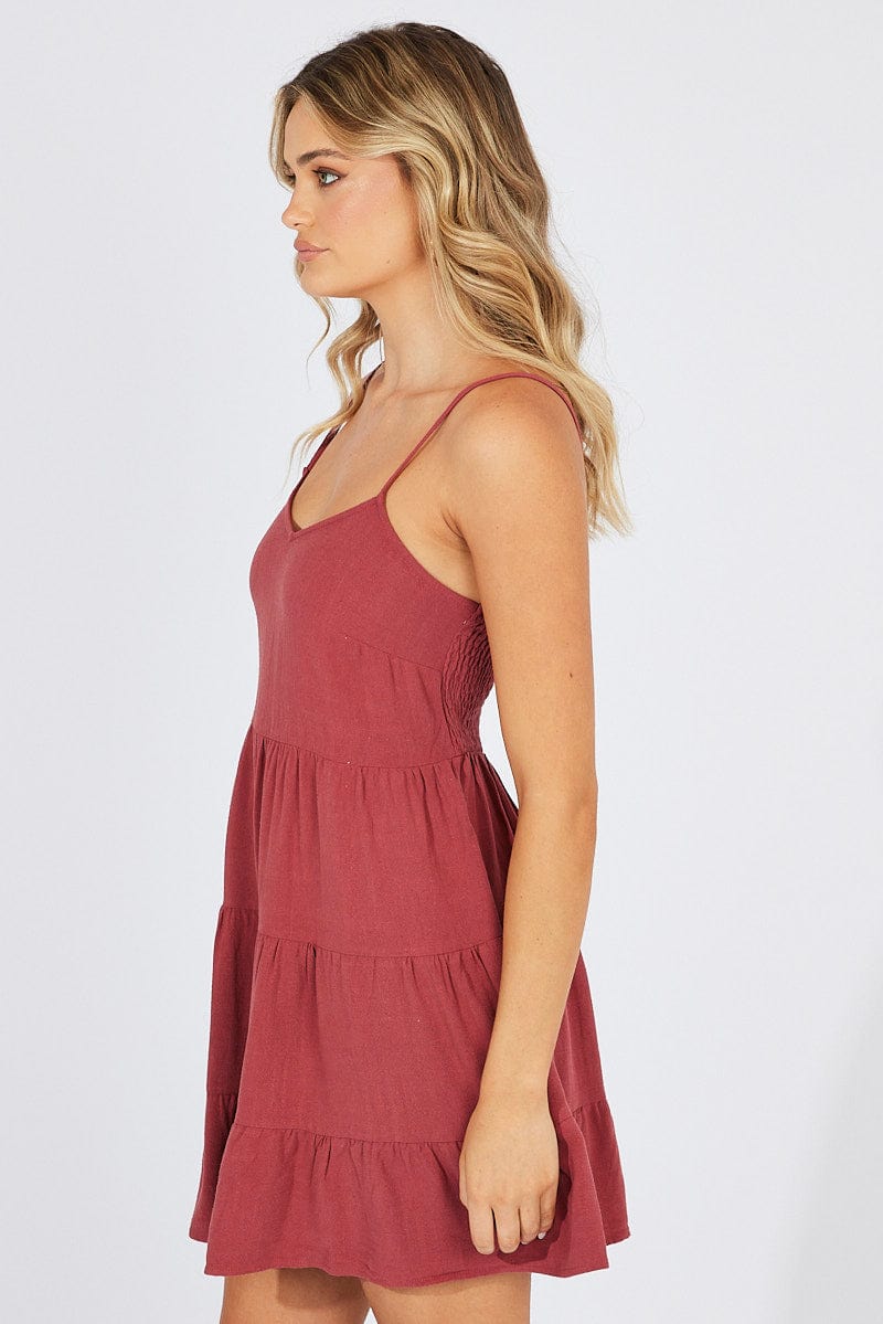 Brown Fit and Flare Dress Sleeveless Tiered for Ally Fashion