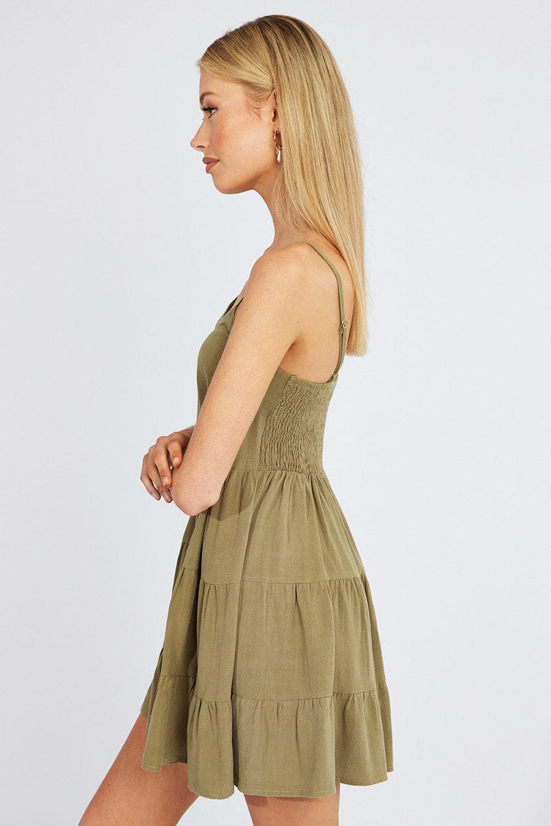 Green Fit and Flare Dress Sleeveless Tiered for Ally Fashion