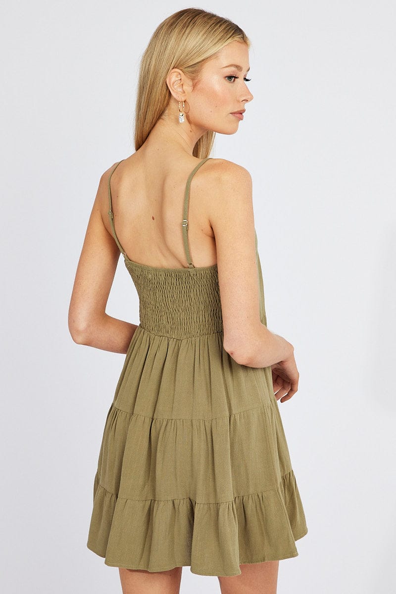 Green Fit and Flare Dress Sleeveless Tiered for Ally Fashion