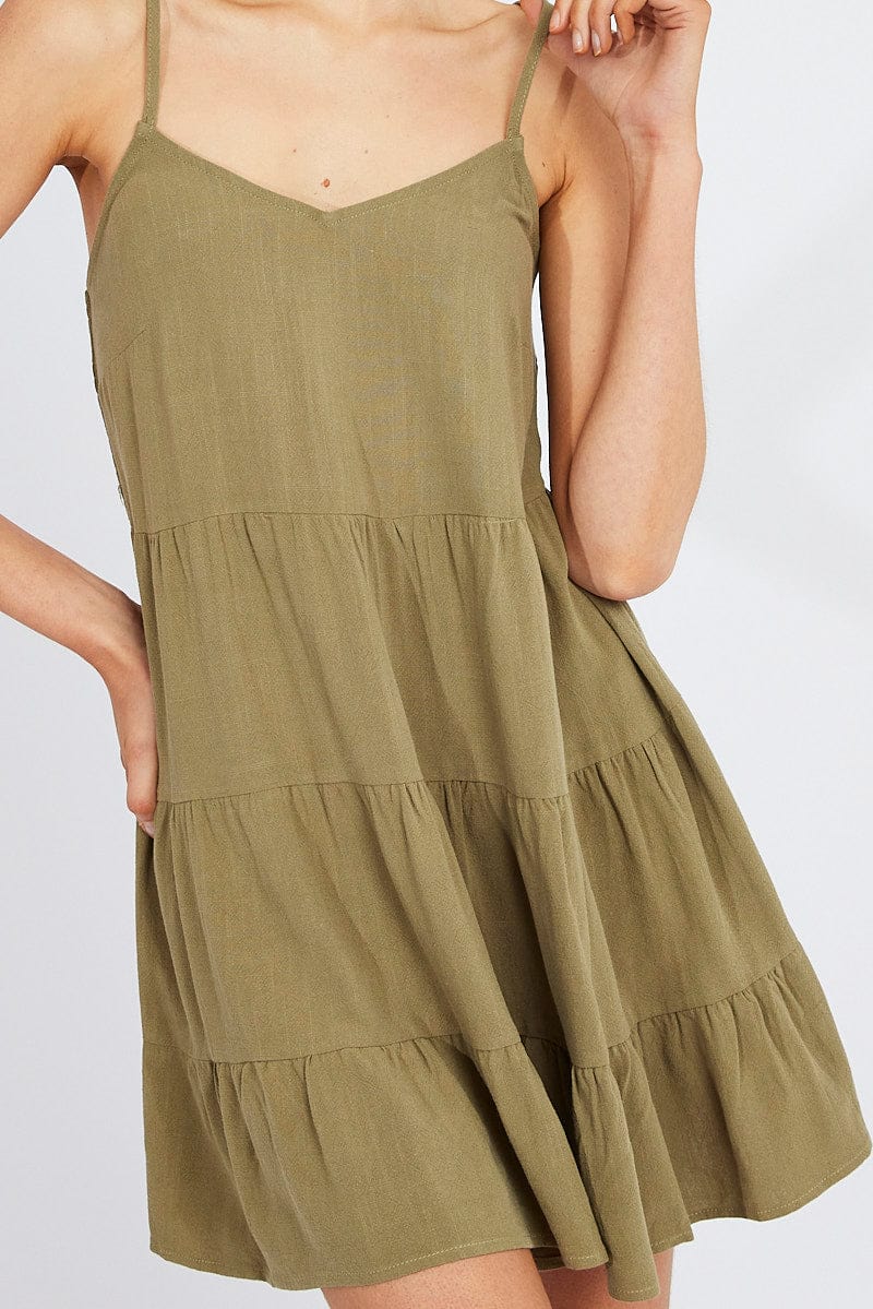 Green Fit and Flare Dress Sleeveless Tiered for Ally Fashion