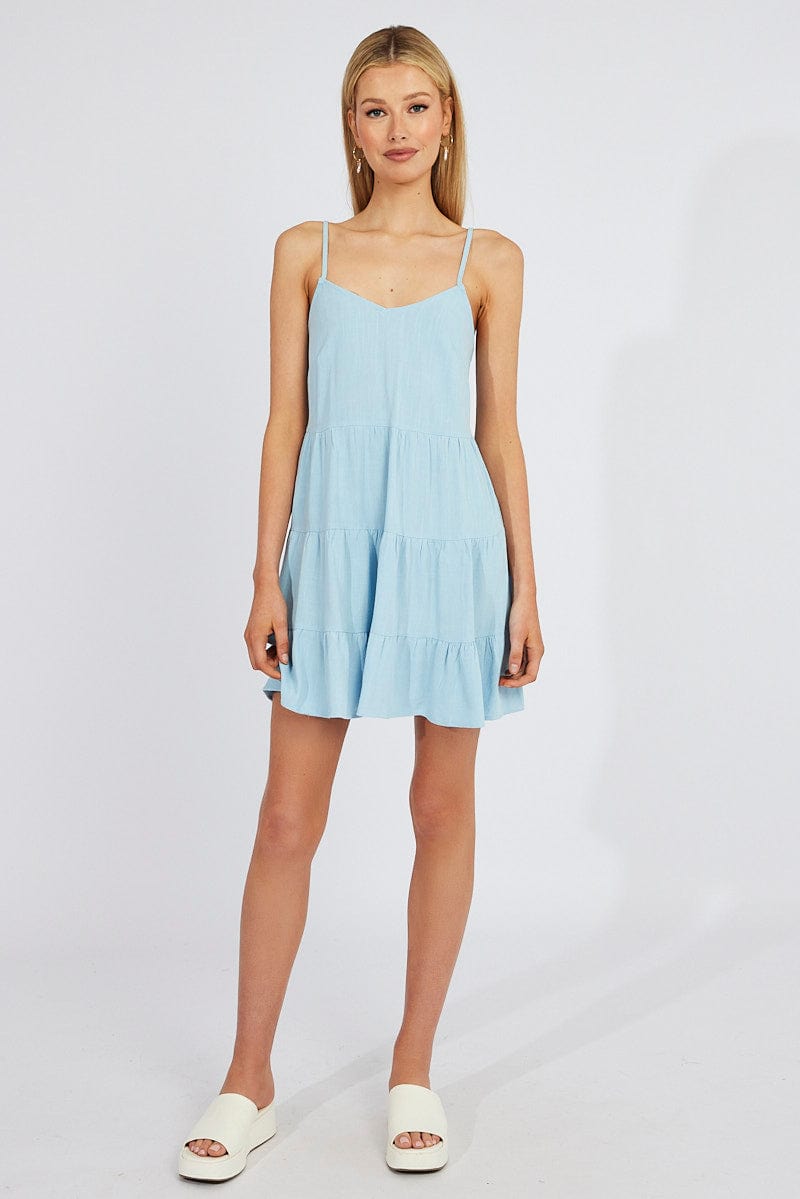 Blue Fit and Flare Dress Sleeveless Tiered for Ally Fashion